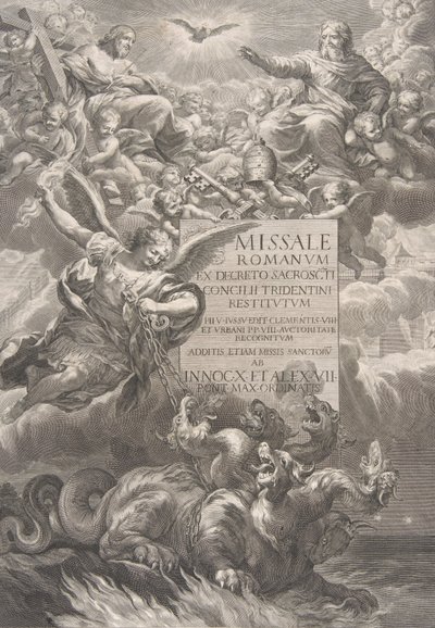 De heilige drie-eenheid met Sint-Michiel die een zeshoofdige draak verslaat, frontispice door François Spierre