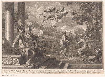 Zittende personificaties van Genie en Filosofie met nimfen die rozen planten door François Spierre