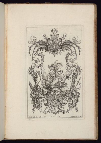 Cartouche met wapentrofee, Livre d’ornements (Boek van ornamenten) door François de Cuvilliés the Elder