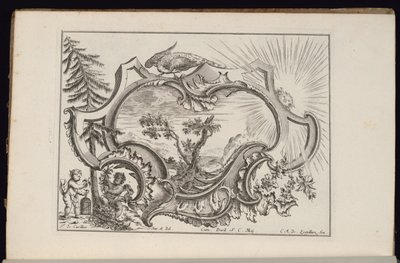 Cartouche met vogel en zon, Livre de Cartouches Irréguliers (Boek van onregelmatige cartouches) door François de Cuvilliés the Elder