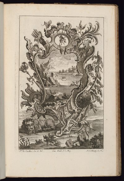 Cartouche met Carquois en Leeuw, Livre de Cartouches Irréguliers (Boek van Onregelmatige Cartouches) door François de Cuvilliés the Elder