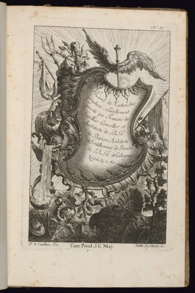 Cartouche met Mercuriusstaf, Livre de Cartouches Irréguliers (Boek van onregelmatige cartouches) door François de Cuvilliés the Elder
