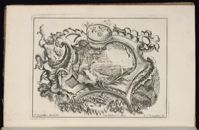 Cartouche met Putto die een Schelp Blaast, Livre de Cartouches Irréguliers (Boek van Onregelmatige Cartouches) door François de Cuvilliés the Elder