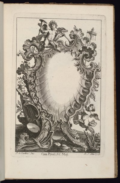 Cartouche met Putto die Trompetten Vasthoudt, Livre de Cartouches Irréguliers (Boek van Onregelmatige Cartouches) door François de Cuvilliés the Elder