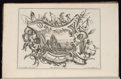 Cartouche met Jonge Tritons, Livre de Cartouches Irréguliers (Boek van Onregelmatige Cartouches) door François de Cuvilliés the Elder