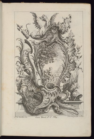 Cartouche met een draak en wapentrofee, Livre de Cartouches à divers usages (Boek van cartouches voor verschillende toepassingen) door François de Cuvilliés the Elder