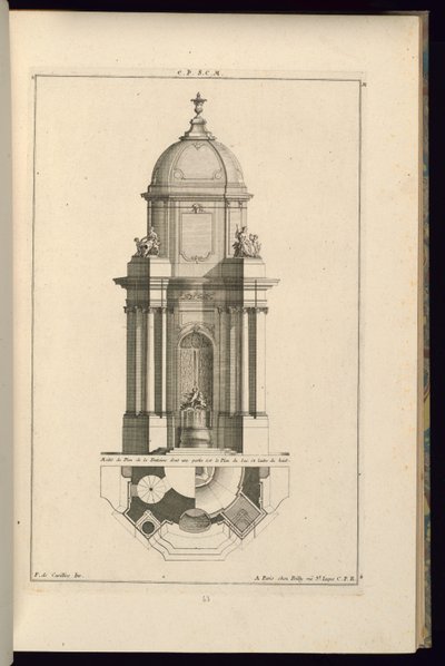 Elevatie en plan voor een openbare fontein door François de Cuvilliés the Elder