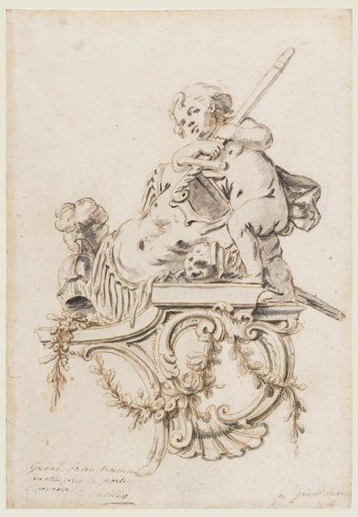 Ontwerp voor een gebeeldhouwde console met Putto vergezeld door de Attributen van Oorlog, voor het Grand Trianon, Versailles door François de Cuvilliés the younger