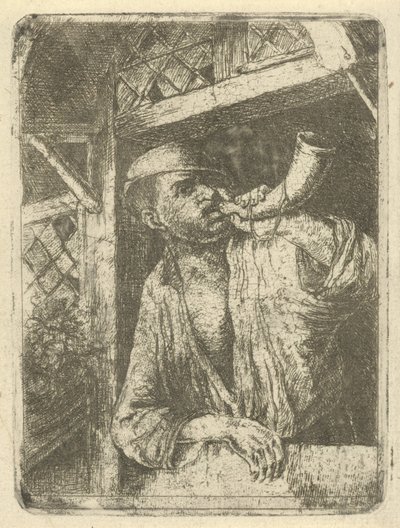 Bakker blaast op een hoorn door François de Maleck