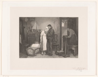 Vissersinterieur met treurend koppel bij een lege wieg door François de Meersman (signed by artist)