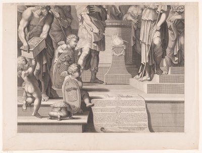 Mars steekt zijn zwaard in de vlammen voor een tempel (onderste deel) door François de Poilly (I)