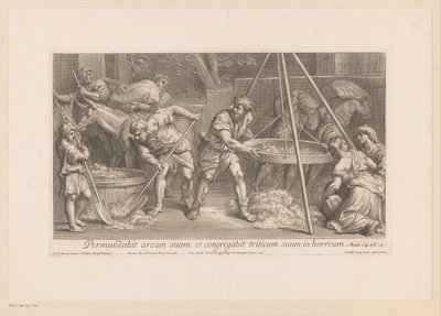 Arbeiders bezig met de verwerking van graan door François de Poilly (II)