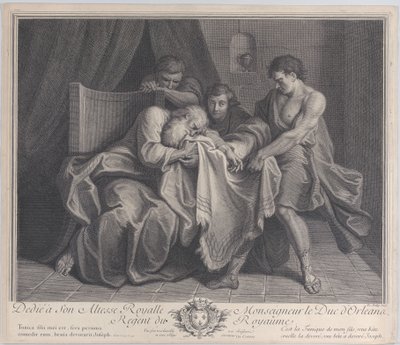 Jakob huilt in de mantel van zijn zoon terwijl zijn andere zonen deze wegtrekken, 1724 door François de Poilly