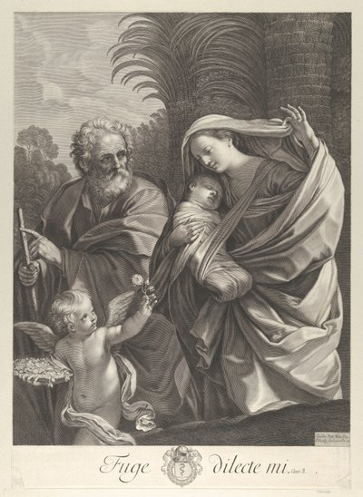 De vlucht naar Egypte, de Heilige Familie loopt samen, Sint Jozef wijst naar..., ca. 1648-81 door François de Poilly