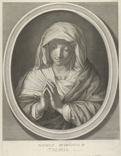 De Maagd in gebed, kijkend naar beneden, in een ovaal frame, naar Reni door François de Poilly