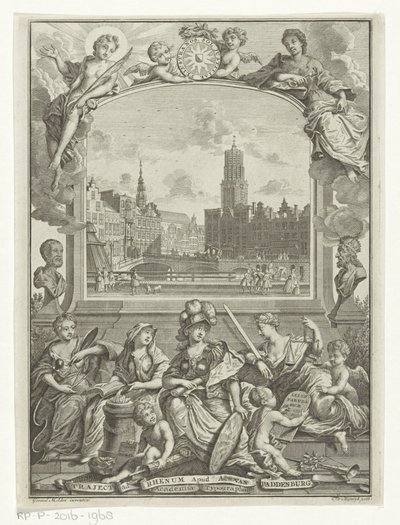 Stadsgezicht met Domkerk te Utrecht en allegorie met Minerva en deugden door François van Bleyswijck