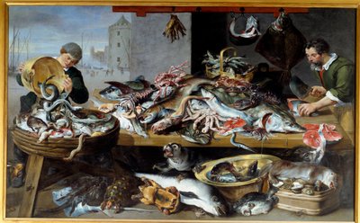 Visverkopers bij hun kraam door Frans (studio of) Snyders
