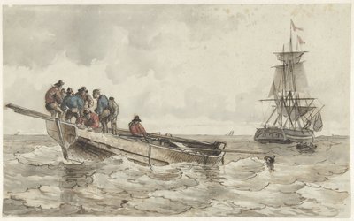 Acht mannen in een roeiboot bij een zeilschip door Frans Arnold Breuhaus de Groot