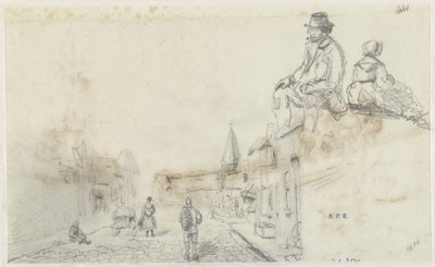 Schetsen van een straat en twee zittende personen door Frans Arnold Breuhaus de Groot