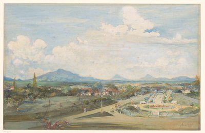 Tillemaplein te Semarang met op de achtergrond de Vulkanen Sindoro en Soembing door Frans Bakker (signed by artist)