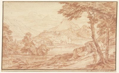 Landschap met een dorp aan het water door Frans Boudewijns