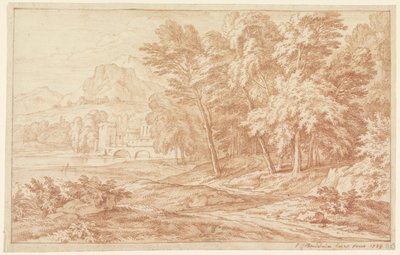 Landschap met rivier en brug met ronde toren door Frans Boudewijns