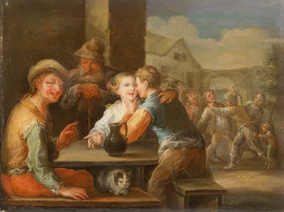 Een Bedelaar die Lacht naar een Verliefd Koppel door Frans Christoph Janneck