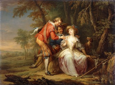 Liefdesallegorische scènes in beboste landschappen door Frans Christoph Janneck