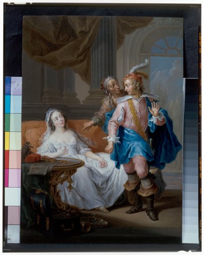 Een elegant paar met een oude dienstmeid in een interieur door Frans Christoph Janneck