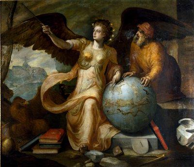 Astrologie. Allegorie en personificatie van astrologie met astrologische instrumenten en hemelglobe. Schilderij door Frans Floris (1515-1570). Vlaamse schilder. Genua, Privécollectie door Frans Floris