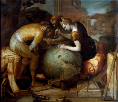 Geometrie. Allegorie en personificatie van Geometrie die een passer boven een wereldbol houdt. Verschillende geometrische instrumenten zijn in de voorgrond gerangschikt. door Frans Floris