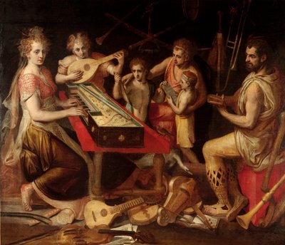 Muziekkarakters vetus heeft de oude omringing van muziekinstrumenten die een allegorie vormen. door Frans Floris