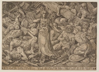 Victoria omringd door krijgsgevangenen en oorlogstrofeeën door Frans Floris I
