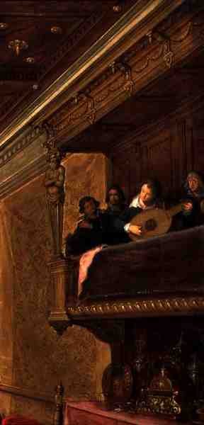 Detail van de muzikanten uit Salome presenteert het hoofd van Johannes de Doper aan koning Herodes door Frans Francken