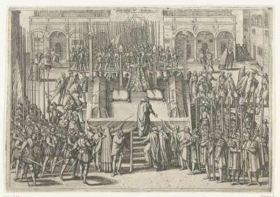 Het schavot na de onthoofding van Egmond en Horne, 1568 door Frans Hogenberg (attributed to)