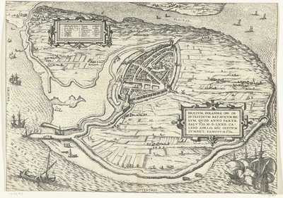 Kaart van het eiland Voorne en plattegrond van Brielle, 1572 door Frans Hogenberg