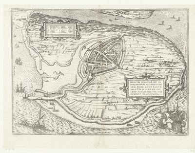 Kaart van het eiland Voorne en plattegrond van Brielle, 1572 door Frans Hogenberg