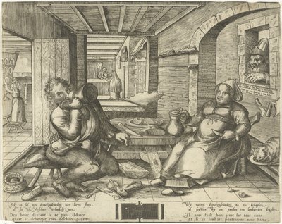 Schoenmaker en zijn vrouw, bier drinkend in een vertrek door Frans Hogenberg