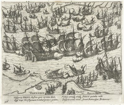Het zinken van de Spaanse Armada in 1588, 1613-1615 door Frans Hogenberg