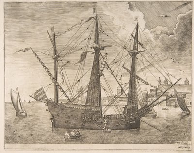 Gewapende driemaster voor anker bij een stad door Frans Huys