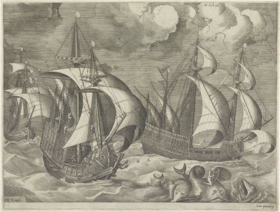 Drie oorlogsschepen, op de voorgrond Arion op een dolfijn (Zeilschepen) door Frans Huys
