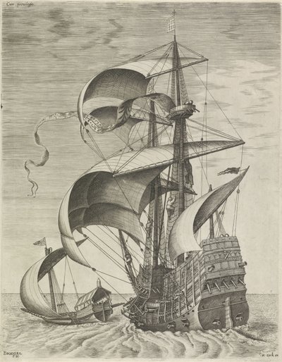 Een oorlogsschip begeleid door een galei door Frans Huys