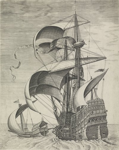 Een oorlogsschip begeleid door een galei door Frans Huys