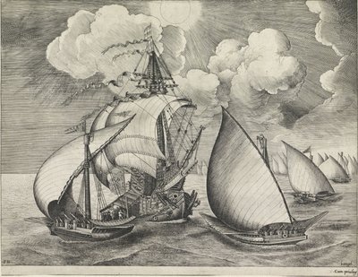 Een vloot bewapende galeien door een oorlogsschip vergezeld door Frans Huys
