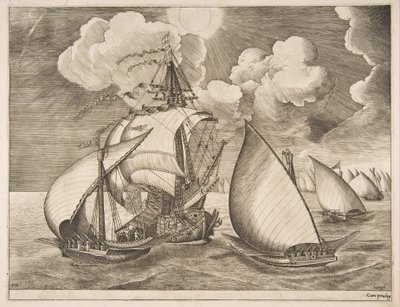 Vloot van galeien begeleid door een karveel door Frans Huys