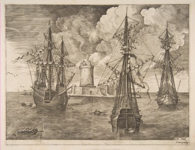Viermaster links en twee driemasters voor anker bij een versterkt eiland met een vuurtoren, 1561-65 door Frans Huys