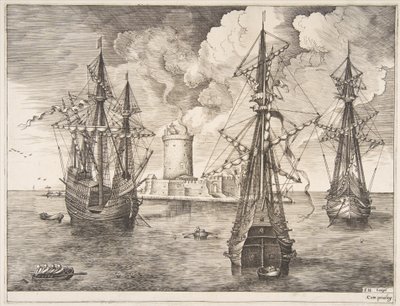 Viermaster en Twee Driemasters Voor Anker bij een Versterkt Eiland uit Het Zeilschip door Frans Huys