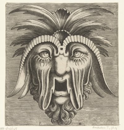 Masker met een openhangende, tandeloze mond, uitgezakte wangen en kuiven op het hoofd door Frans Huys