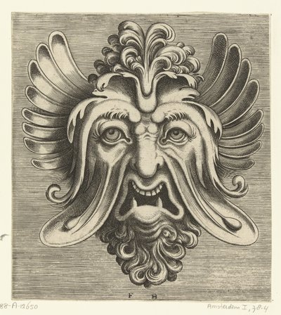 Masker met uitgezakte wangen, twee spitse ondertanden en een toef krullen rustend op de neuswortel door Frans Huys