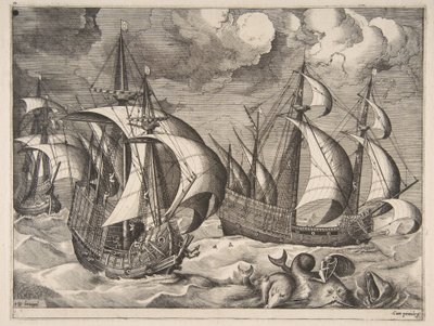Drie Karvelen in een Oplopende Storm met Arion op een Dolfijn uit De Zeilschepen door Frans Huys